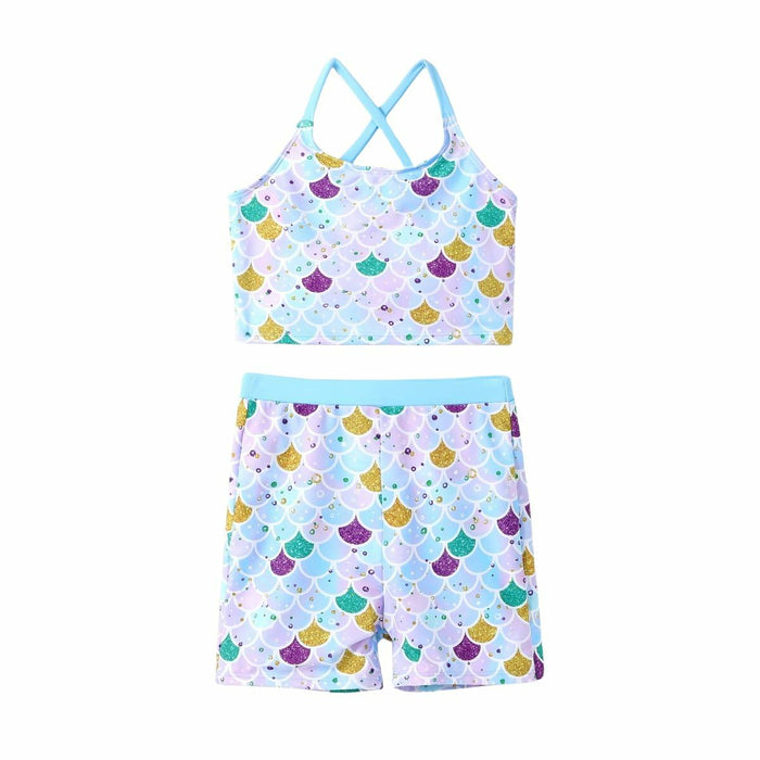 PATPAT Girls 2-Piece Tankini Swimsuit Set Sky Blue Fish Mermaid Size 6-7