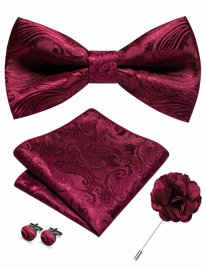 RBOCOTT Red Paisley Bow Tie Pocket Square Lapel Pin Cufflinks Set for Men