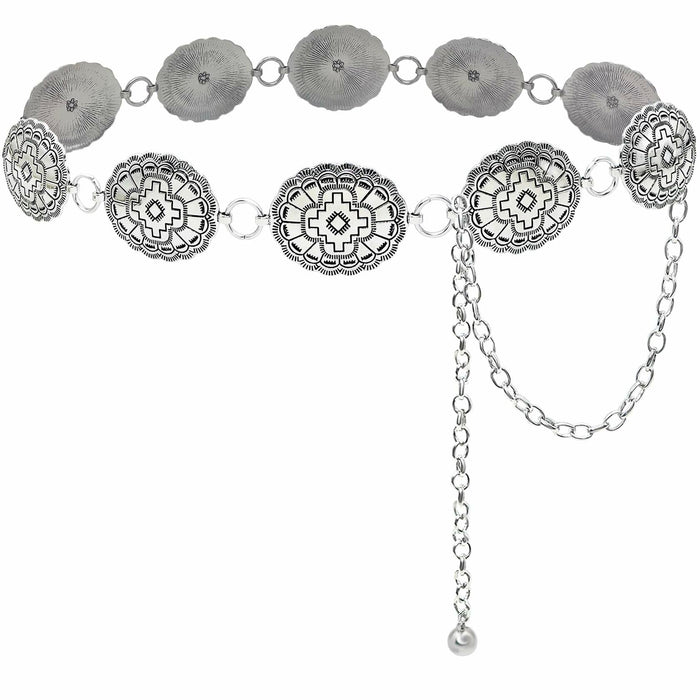 Xiokyo Women Chain Belt Boho Western Metal Silver-Cross Floral Size 27+31in