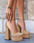 VETASTE Womens Platform Chunky Heels Ankle Strap Pumps Khaki
