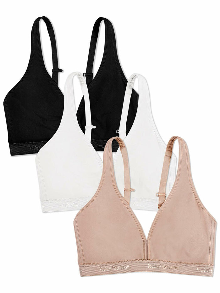 Fruit of the Loom Womens Wirefree Cotton Bralette Black/White/Sand Size 3XL