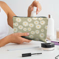 Likjad Sage Green Linen Cosmetic Bag Daisy Decor