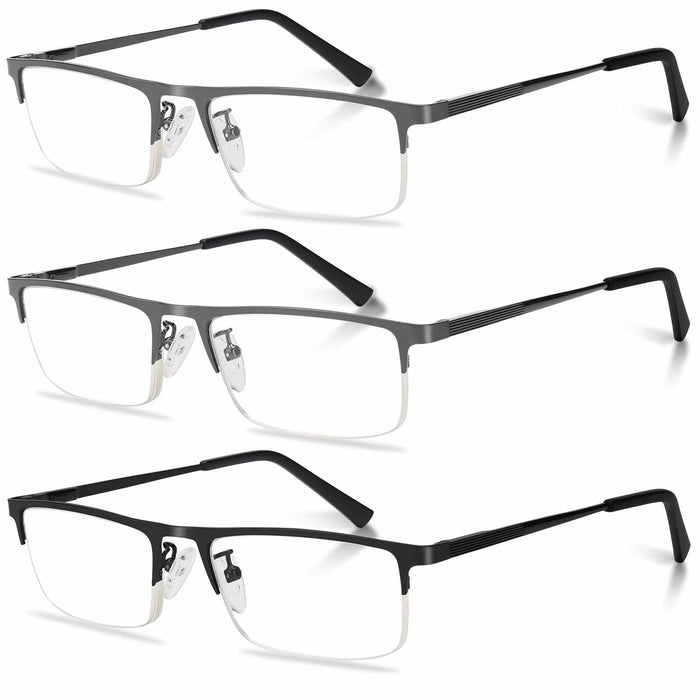 Anourney 3-Pack Men’s Reading Glasses Half Frame Blue Light +3.0 Gray/Black