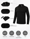 MoFiz Men's Long Sleeve Polo Shirt Quarter Zipper Quick Dry Black Size S