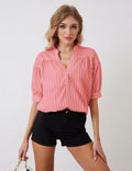 MSBESYOR Women Puff Short Sleeve Striped V Neck Blouse Pink Size S