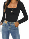 KEEPBEAUTY Womens Ruched Square Neck Long Sleeve Top Black Size L