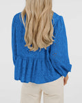 KIRUNDO Babydoll Long Sleeve Tie Front Eyelet Top Blue Size L