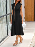 Wenrine Womens Summer Smocked Midi Dress V Neck Cap Sleeve Black