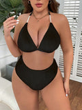 MakeMeChic Women's Plus Size 2PC Halter Triangle Bikini High Waist Black Size L