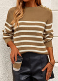 KIRUNDO Women's Striped Ribbed Knit Sweater Crewneck Metal Buttons Camel Size M