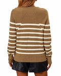 KIRUNDO Women's Striped Ribbed Knit Sweater Crewneck Metal Buttons Camel Size M