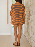BWQ Women’s 2pc Knit Striped Button Shirt & Drawstring Shorts Set Orange S