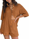 BWQ Women’s 2pc Knit Striped Button Shirt & Drawstring Shorts Set Orange S