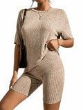 WDIRARA Women's Ribbed Half Sleeve Tee & Biker Shorts Set Khaki Size S