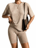 WDIRARA Women's Ribbed Half Sleeve Tee & Biker Shorts Set Khaki Size S