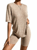 WDIRARA Women's Ribbed Half Sleeve Tee & Biker Shorts Set Khaki Size S