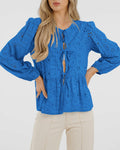 KIRUNDO Babydoll Long Sleeve Tie Front Eyelet Top Blue Size L