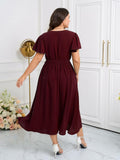 CICIDUDU Plus Size Lace V Neck Ruffle Sleeve Smocked Maxi Dress Burgundy Size 3X