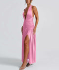 Ekaliy Womens Sexy Halter Deep V Neck Maxi Dress Sleeveless Pink Size S