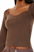 Forever 21 Gigot-Sleeve Sweater-Knit Crop Top Espresso Brown Size XS