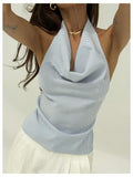 SOLY HUX Women's Striped Deep V Neck Bow Tie Backless Halter Top Blue Size S