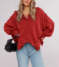 BWQ Women's Oversized Henley Sweatshirt Long Sleeve Pullover Red2 Size M
