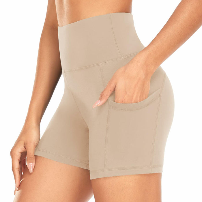 FULLSOFT Women's Biker Shorts with Pockets High Waist Tummy Control Khaki Size S