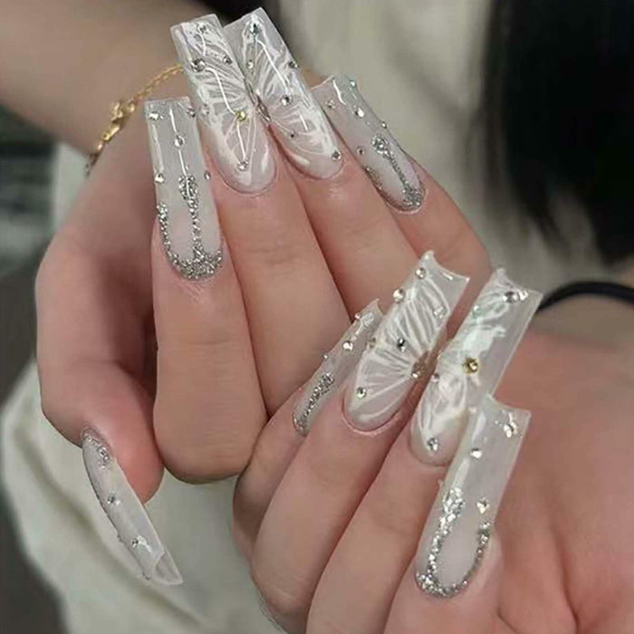 Gifiky Long Square Press-On Nails 24Pcs Gray Glitter Marble Fake Nails Women
