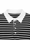 LilyCoco Women Long Sleeve Polo Striped Sweatshirt Black Size Small