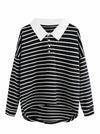LilyCoco Women Long Sleeve Polo Striped Sweatshirt Black Size Small