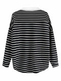 LilyCoco Women Long Sleeve Polo Striped Sweatshirt Black Size Small