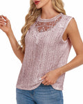AGWISH Women’s Sleeveless Ruffle Lace Blouse Semi Sheer Floral Light Pink XL