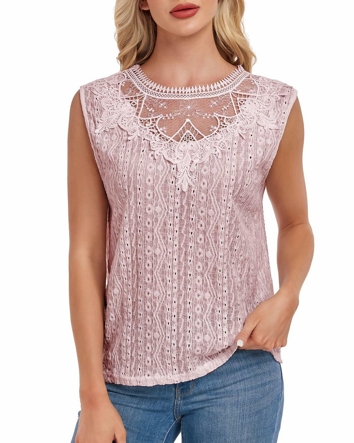 AGWISH Women’s Sleeveless Ruffle Lace Blouse Semi Sheer Floral Light Pink XL