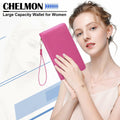 Chelmon Women's Vegan Leather Clutch Wallet with Zip, Hand Strap, Large Capacity