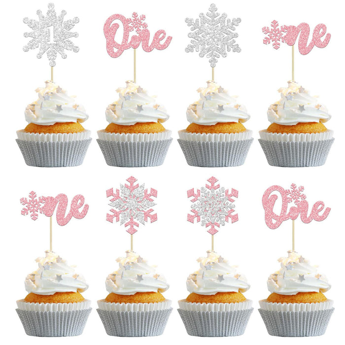 Gyufise 24Pcs Double Layer Pink Glitter Snowflake Cupcake Toppers Paper