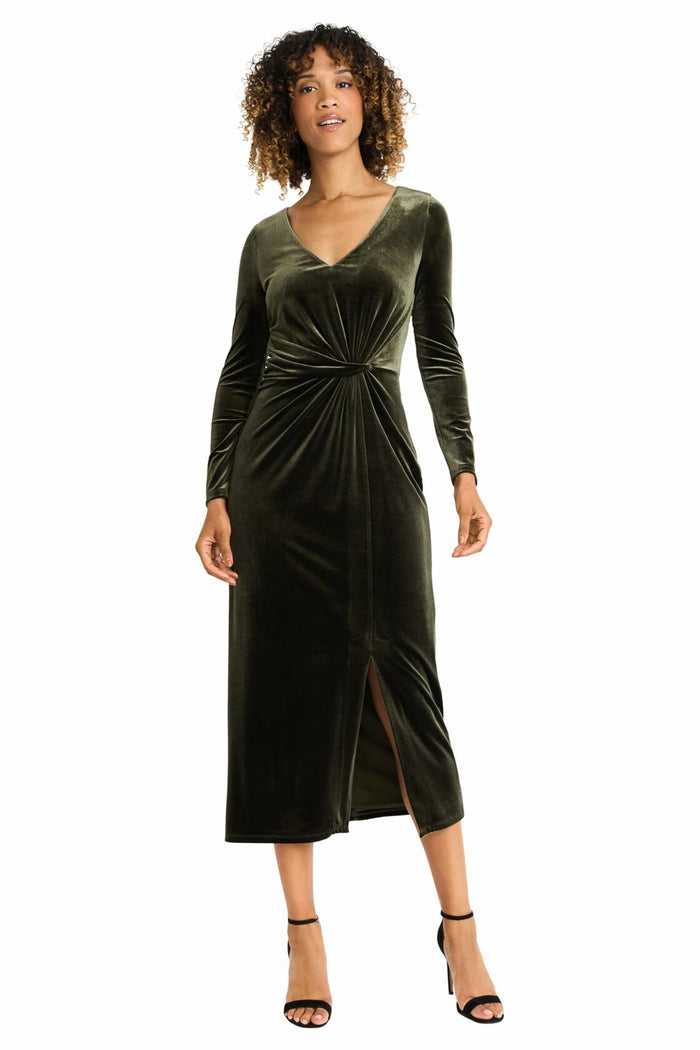 Maggy London Women's V Neck MIDI Dress Draped Knot Waist Slit Rosin Size M