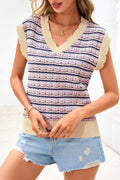 CFLONGE Women's Striped Crochet Knit Sweater Vest Pink Size XX-Large
