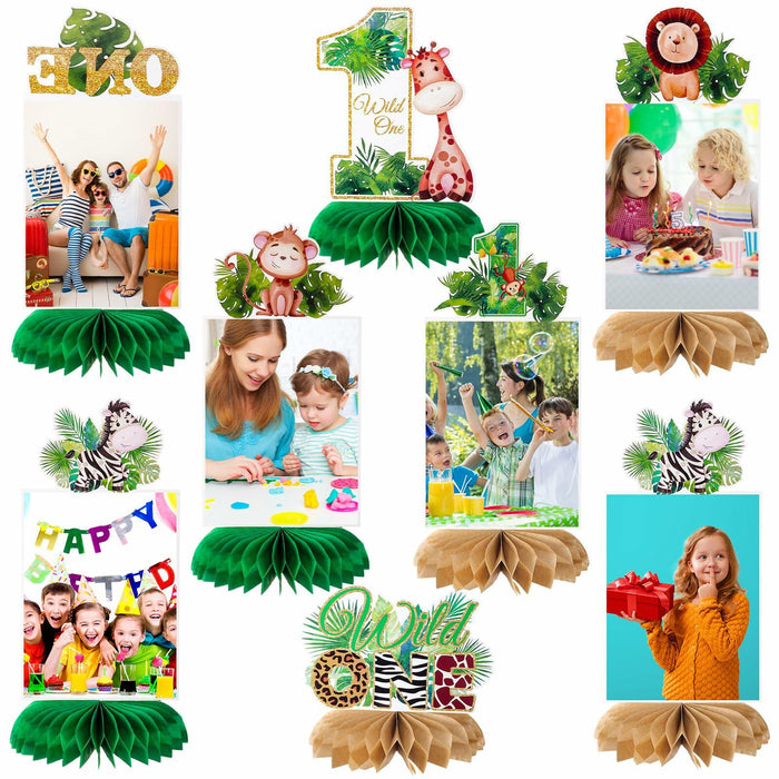 8PCS Wild One Honeycomb Jungle Safari 1st Birthday Table Centerpiece Decor
