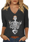 Women Skeleton Halloween V Neck Shirt 3/4 Sleeve Skull Top XL Grey
