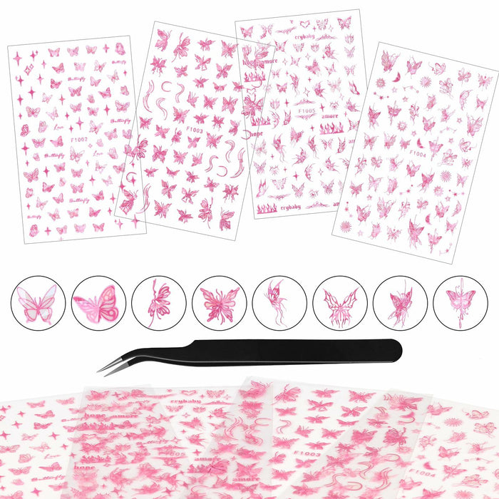 kikonoke 3D Butterfly Nail Stickers Laser Pink Sun Moon Star 4 Sheets