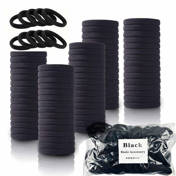 TANJY Black Hair Ties 100 Pcs Seamless Ponytail Holders Thick Hair