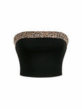 BEAUDRM Women's Leopard Crop Tube Top Strapless Sleeveless Black Size L