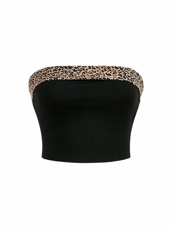 BEAUDRM Women's Leopard Crop Tube Top Strapless Sleeveless Black Size L