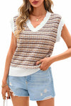 CFLONGE Women's Striped Crochet Knit Sweater Vest Khaki Size Large