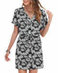 AUSELILY Women V Neck Summer Swing Dress Short Sleeve Pockets Leaf 2XL