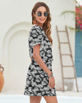 AUSELILY Women V Neck Summer Swing Dress Short Sleeve Pockets Leaf 2XL
