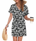 AUSELILY Women V Neck Summer Swing Dress Short Sleeve Pockets Leaf 2XL