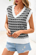 CFLONGE Women Sleeveless Striped Sweater Vest Cropped Knit Black White XXL