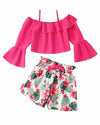 YOURUIKEY Girls Summer Halter Crop Top Floral Shorts Set Rose Red 11-12