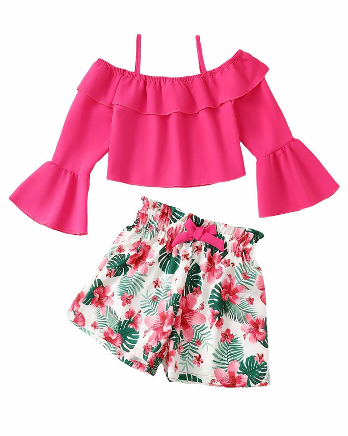 YOURUIKEY Girls Summer Halter Crop Top Floral Shorts Set Rose Red 11-12